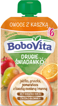 Mus BoboVita Owoce z kaszką, jabłko, gruszka, pomarańcza, w beżowej tubce z zieloną zakrętką. Front.