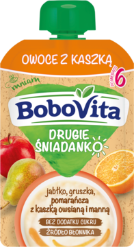 BoboVita Owoce z Kaszką, tubka pomarańczowo-zielona, jabłko, gruszka, pomarańcza, 6+ miesięcy, bez cukru.