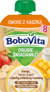 BoboVita Drugie Śniadanko mus mango, banan, jogurt z kaszką, 8m+, bez cukru, w kolorowej tubce.