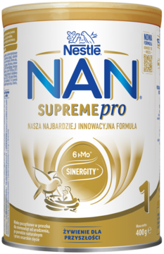 Puszka mleka początkowego Nestle NAN SUPREMEpro 1, 400g, złoto-biała z logo ptaków w gnieździe, widok z przodu.