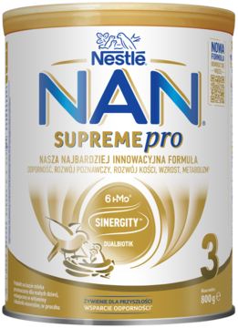 Biało-złota puszka Nestle NAN SupremePro 3 (800g) dla dzieci, widok z przodu, z niebieskim logo NAN.