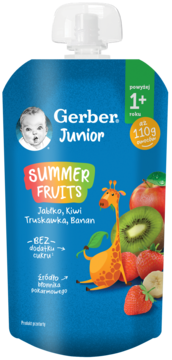 Niebieska tubka Gerber Junior Summer Fruits (jabłko, kiwi, truskawka, banan) dla dzieci 1+, widok z przodu.