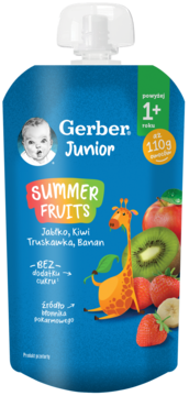 Niebieska tubka Gerber Junior Summer Fruits (jabłko, kiwi, truskawka, banan) dla dzieci 1+, widok z przodu.