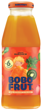 Nektar Bobo Frut jabłko-marchew, nie z koncentratu, dla dzieci po 6 m-cu, w szklanej butelce.