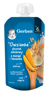 Niebieska tubka Gerber Owsianka, deserek zbożowy z mango i bananem, po 6. miesiącu, z grafiką owoców.