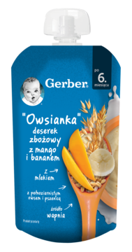 Niebieska tubka Gerber Owsianka, deserek zbożowy z mango i bananem, po 6. miesiącu, z grafiką owoców.