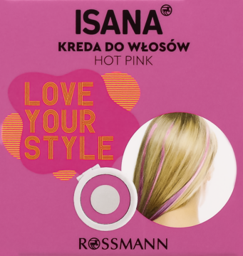 Różowa kreda do włosów Isana Hot Pink w opakowaniu z blond włosami z różowymi pasemkami, widok z przodu.