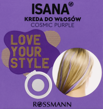 Fioletowa kreda do włosów Isana Love Your Style Cosmic Purple, opakowanie z blond włosami i aplikatorem.