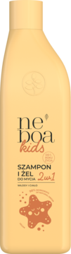 Neboa Kids 2w1 szampon i żel do mycia w pomarańczowej butelce z grafiką gwiazdki, widok z przodu.