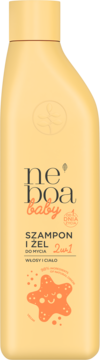 Jasnożółta butelka Neboa Baby Szampon i Żel 2w1 dla dzieci, widok z przodu, 98% naturalny, z rozgwiazdą.