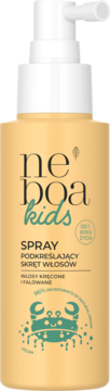 Neboa Kids spray podkreślający skręt włosów, pomarańczowa butelka z białym dozownikiem, dla dzieci od 1 roku.