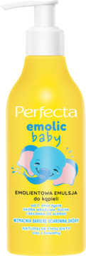 Żółta butelka Perfecta Emolic Baby, emolientowa emulsja do kąpieli dla dzieci, z białą pompką, widok z przodu.