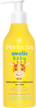 Żółta butelka Perfecta Emolic Baby, emulsja do ciała z pompką i grafiką żyrafy, widok z przodu.