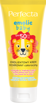 Żółta tubka Perfecta Emolic Baby całoroczny krem ochronny SPF 50 z rysunkiem lwa, widok z przodu.