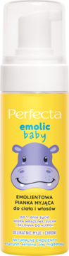 Perfecta Emolic Baby emolientowa pianka myjąca w żółtej butelce z pompką i fioletowym hipopotamem, widok z przodu.