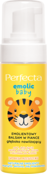 Perfecta Emolic Baby głęboko nawilżający balsam w piance, żółta butelka z tygrysem, widok z przodu.
