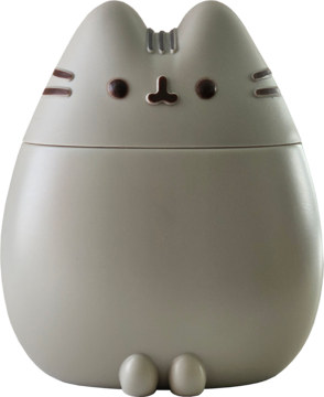 Jasnoszary pojemnik z żelem Pusheen, w kształcie kota z detalami twarzy i uszu, zapach leśnych owoców, z przodu.