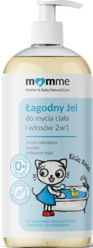 Momme Łagodny żel 2w1 dla dzieci, biała butelka z pompką, z przodu rysunek Kici Koci.