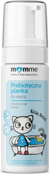 Momme Prebiotyczna pianka do mycia dla dzieci, biała butelka z pompką i ilustracją kota Kicia Kocia.