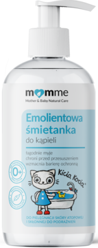 Momme Emolientowa śmietanka do kąpieli dla skóry atopowej, biała butelka z pompką, z kotem Kici Koci.