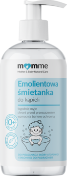 Momme Emolientowa śmietanka do kąpieli, biała butelka z pompką, niebieska etykieta z dzieckiem, na skórę atopową.