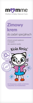 Fioletowy krem zimowy Momme Kicia Kocia 0+ w tubce, chroni przed wiatrem i mrozem, widok z przodu.