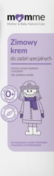 Momme Zimowy krem 0+ do zadań specjalnych, fioletowo-białe opakowanie z grafiką dziecka, widok z przodu.