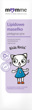 Momme Lipidowe masełko pielęgnacyjne 0+, fioletowa tubka z rysunkiem kota Kicia Kocia, przód.