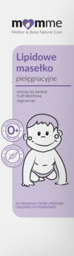 Momme Lipidowe masełko pielęgnacyjne 0+, fioletowa etykieta z rysunkiem niemowlaka, dla skóry atopowej.