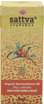 Kartonowe opakowanie sattva Organic Sea buckthorn Oil 50ml, beżowe z liściastym wzorem i czerwonym dołem, ilustracja rokitnika.