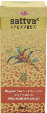 Kartonowe opakowanie sattva Organic Sea buckthorn Oil 50ml, beżowe z liściastym wzorem i czerwonym dołem, ilustracja rokitnika.