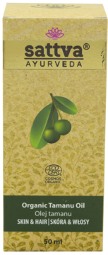 Frontowe ujęcie opakowania Sattva Organic Tamanu Oil 50ml, brązowe, z zielonymi owocami i certyfikatem ECOCERT.