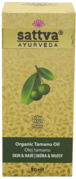 Frontowe ujęcie opakowania Sattva Organic Tamanu Oil 50ml, brązowe, z zielonymi owocami i certyfikatem ECOCERT.