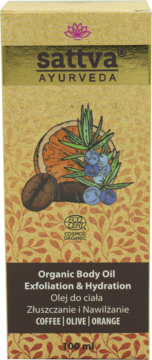 Sattva Organic Body Oil w brązowym pudełku, z ilustracją pomarańczy, kawy i jałowca. Widok z przodu.