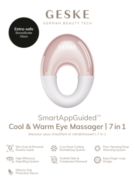 Geske SmartAppGuided Cool & Warm Eye Massager 7w1, różowo-białe, ergonomiczne urządzenie z borokrzemianowym połyskiem.