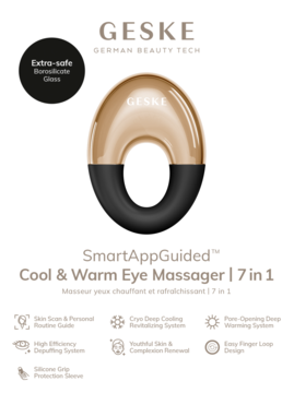 Geske SmartAppGuided Cool & Warm Eye Massager 7w1, złoto-czarny, w kształcie litery O, na białym tle.