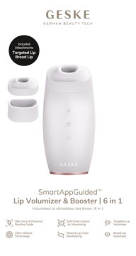 GESKE Lip Volumizer & Booster 6w1, białe urządzenie z różowozłotymi akcentami i dwiema wymiennymi nakładkami.