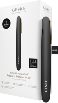 Geske SmartAppGuided Precision Trimmer 4w1: białe pudełko i eleganckie czarne urządzenie obok. Widok z przodu.