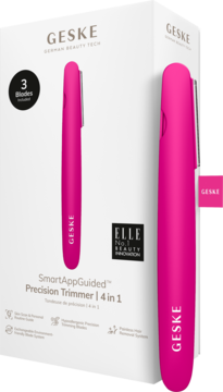 Różowy Geske Precision Trimmer 4w1 SmartAppGuided w białym opakowaniu, widok z przodu, z napisem '3 Blades'.