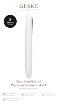 Biały trymer Geske SmartAppGuided Precision Trimmer 4w1 z 3 ostrzami, widok z przodu na białym tle.