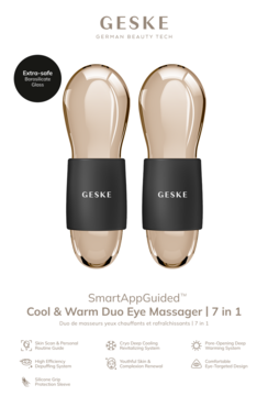 Dwa złote masażery Geske Cool & Warm Duo Eye Massager 7w1, z czarnym pasem, na białym tle, widok z przodu.