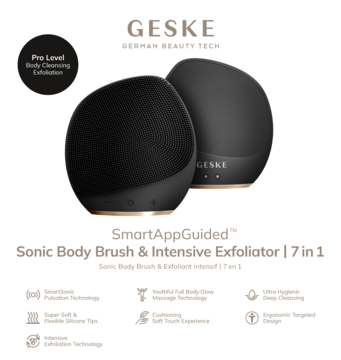 Geske SmartAppGuided Sonic Body Brush & Exfoliator 7 in 1, dwa czarne owalne urządzenia z złotymi detalami.