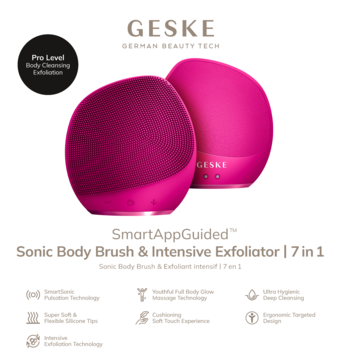 Dwie soniczne szczoteczki Geske SmartAppGuided 7w1, w odcieniach magenty, z miękkimi silikonowymi końcówkami, na białym tle.
