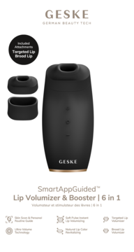 Czarny GESKE SmartAppGuided Lip Volumizer & Booster 6w1 z dwiema nakładkami, widok z przodu.