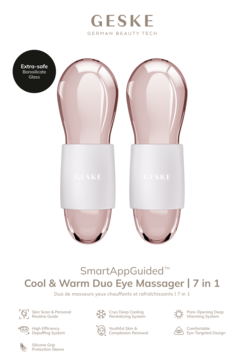 Dwa różowo-złote masażery Geske SmartAppGuided Cool & Warm Duo Eye Massager 7 w 1 z białym paskiem.