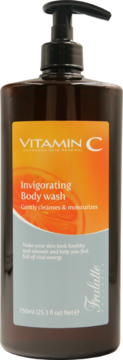 Front view of Frulatte Vitamin C Invigorating Body wash in a dark brown 750ml pump bottle with orange and grey label.