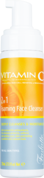 Biała butelka Frulatte Vitamin C 2-in-1 Foaming Face Cleanser z pompką, żółto-niebieska etykieta, widok z przodu.