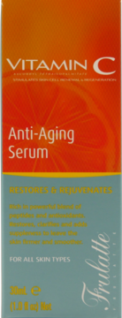 Serum przeciwstarzeniowe Trulatte Vitamin C w pomarańczowo-turkusowym pudełku, z frontu, dla wszystkich typów skóry.