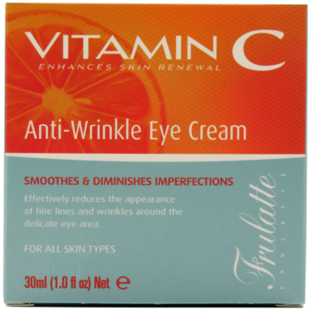 Krem Frulatte Vitamin C Anti-Wrinkle Eye Cream w pomarańczowo-turkusowym pudełku 30ml, z pomarańczą, widok z przodu.