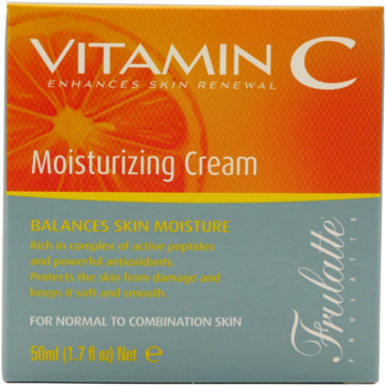 Front view of Frulatte Vitamin C Moisturizing Cream 50ml box, orange top, blue bottom, with citrus graphic.